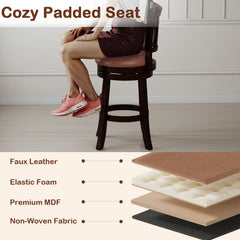 Set of 2 Swivel Counter Stools with Fiddle Back and Faux Leather Seat, 26 Inch Seat Height