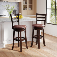 Set of 2 Bar Height Swivel Stools with Ladder Back and Wrap Around Footrest, 30 Inch Seat