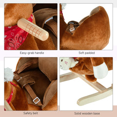 Baby Rocking Horse, Plush Animal Rocker for Toddlers Aged 18-36 Months, Stuffed Ride Toy with Hand Puppet, Sounds, Seat Belt, Brown