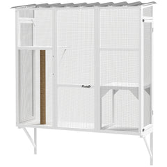 Wooden Catio Outdoor, Cat Window Box Enclosure for 2-3 Large Cats with 2 Jumping Platforms & Scratching Post, Grey