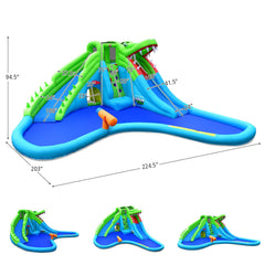 Crocodile Themed Inflatable Water Park with Two Slides and Wraparound Pool, No Blower