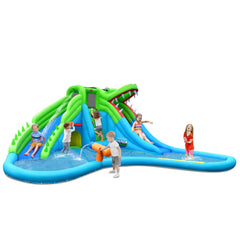 Crocodile Themed Inflatable Water Park with Two Slides and Wraparound Pool, No Blower