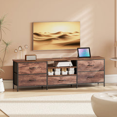 TV Stand for TVs up to 65 Inch, Industrial TV Console with Charging Station, 5 Drawers and Open Shelves, Rustic Brown