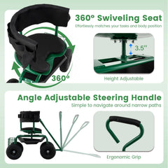 Cushioned Rolling Garden Cart Scooter with Storage Basket and Tool Pouch-Green
