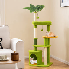 48 Inch Green Cat Tree with a Leaf Canopy, Condo and a Self Groomer