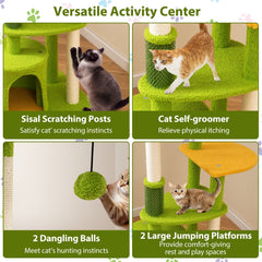 48 Inch Green Cat Tree with a Leaf Canopy, Condo and a Self Groomer