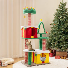 61 Inch Christmas Cat Tower with Two Gift Box Condos and a Sisal Fir Board