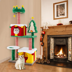 61 Inch Christmas Cat Tower with Two Gift Box Condos and a Sisal Fir Board