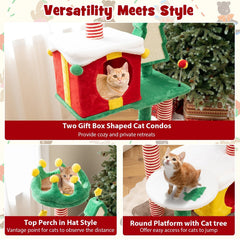61 Inch Christmas Cat Tower with Two Gift Box Condos and a Sisal Fir Board