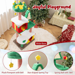 61 Inch Christmas Cat Tower with Two Gift Box Condos and a Sisal Fir Board