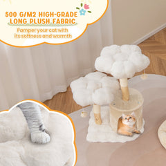 32 Inch Solid Wood Cat Tree with Two Flower Platforms and a Round Condo