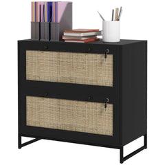 2-Drawer Filing Cabinet with Lock, Rattan File Cabinet with Adjustable Hanging Bar, Natural