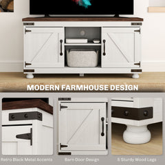Farmhouse TV Stand for up to 50" TV, TV Cabinet with Barn Doors, Cable Management for Living Room, Distressed White