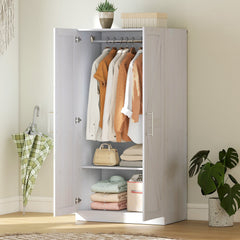 Wardrobe Cabinet with Hanging Rod, Anti-Tipping and 2 Barn Doors, Farmhouse Wardrobe Closet for Bedroom, White Wood Effect