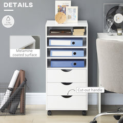 Vertical Filing Cabinet, Mobile File Cabinet on Wheels with 3 Drawers and 4 Open Shelves, Printer Stand with Lockable Casters for Home Office, White
