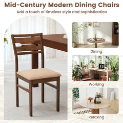 Set of 4 Compact Dining Chairs, Walnut Brown Rubber Wood with Beige Fabric Padded Seat