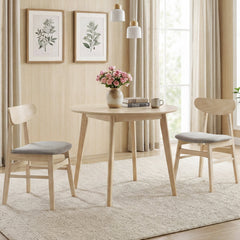 Set of 2 Mid Century Dining Chairs, Natural Rubber Wood with Light Grey Fabric Seat and Curved Back