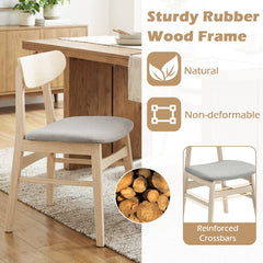 Set of 2 Mid Century Dining Chairs, Natural Rubber Wood with Light Grey Fabric Seat and Curved Back