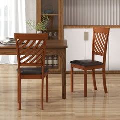 Set of 2 Diagonal Slat Back Dining Chairs, Walnut Finish Rubber Wood with Brown PU Leather Seat