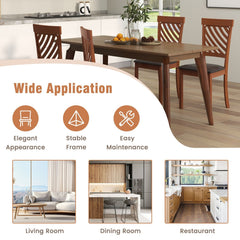 Set of 2 Diagonal Slat Back Dining Chairs, Walnut Finish Rubber Wood with Brown PU Leather Seat