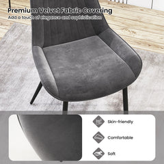 Set of 4 Grey Velvet Dining Chairs with Channel Stitched Back, Built In Handle and Metal Legs