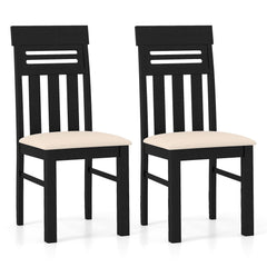 Set of 2 High Back Dining Chairs, Black Rubber Wood with Cream Faux Linen Padded Seat
