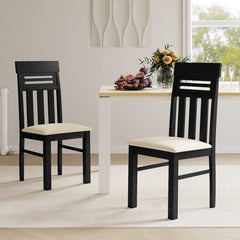 Set of 2 High Back Dining Chairs, Black Rubber Wood with Cream Faux Linen Padded Seat