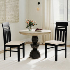 Set of 2 High Back Dining Chairs, Black Rubber Wood with Cream Faux Linen Padded Seat