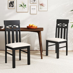 Set of 2 High Back Dining Chairs with Diamond Cut Out Rail, Black Rubber Wood and Cream Faux Linen Seat