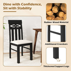 Set of 2 High Back Dining Chairs with Diamond Cut Out Rail, Black Rubber Wood and Cream Faux Linen Seat