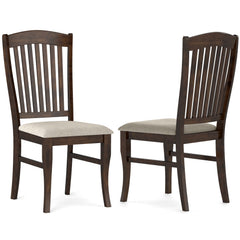 Set of 2 Tall Slat Back Dining Chairs, Dark Brown Rubber Wood with Beige Linen Padded Seat, 400 lb