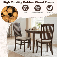 Set of 2 Tall Slat Back Dining Chairs, Dark Brown Rubber Wood with Beige Linen Padded Seat, 400 lb