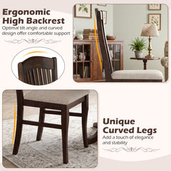 Set of 2 Tall Slat Back Dining Chairs, Dark Brown Rubber Wood with Beige Linen Padded Seat, 400 lb