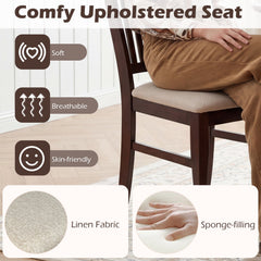 Set of 2 Tall Slat Back Dining Chairs, Dark Brown Rubber Wood with Beige Linen Padded Seat, 400 lb