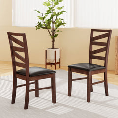 Set of 2 Zigzag Slat Back Dining Chairs, Walnut Rubber Wood with Black PU Leather Seat