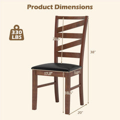 Set of 2 Zigzag Slat Back Dining Chairs, Walnut Rubber Wood with Black PU Leather Seat
