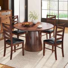 Set of 2 Zigzag Slat Back Dining Chairs, Walnut Rubber Wood with Black PU Leather Seat