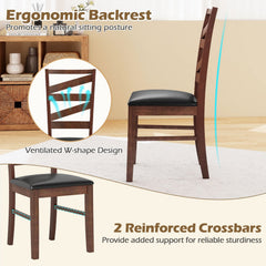 Set of 2 Zigzag Slat Back Dining Chairs, Walnut Rubber Wood with Black PU Leather Seat