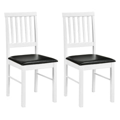 Set of 2 White Slat Back Dining Chairs, Solid Rubber Wood Legs with Black PU Leather Seat