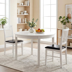 Set of 2 White Slat Back Dining Chairs, Solid Rubber Wood Legs with Black PU Leather Seat