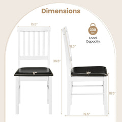 Set of 2 White Slat Back Dining Chairs, Solid Rubber Wood Legs with Black PU Leather Seat