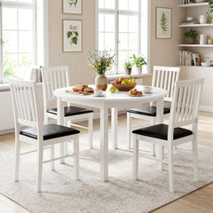 Set of 2 White Slat Back Dining Chairs, Solid Rubber Wood Legs with Black PU Leather Seat