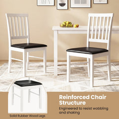 Set of 2 White Slat Back Dining Chairs, Solid Rubber Wood Legs with Black PU Leather Seat
