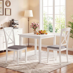 Set of 2 White X Back Dining Chairs, Rubber Wood with Taupe Grey Linen Padded Seat