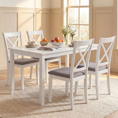 Set of 2 White X Back Dining Chairs, Rubber Wood with Taupe Grey Linen Padded Seat