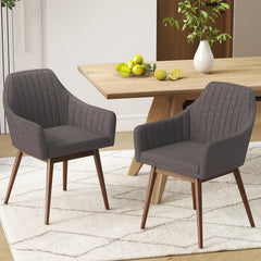 Set of 2 Upholstered Dining Armchairs, Mid Grey Channel Stitched Fabric with Walnut Rubber Wood Legs
