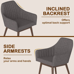 Set of 2 Upholstered Dining Armchairs, Mid Grey Channel Stitched Fabric with Walnut Rubber Wood Legs