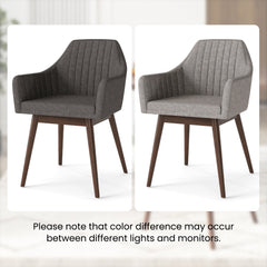 Set of 2 Upholstered Dining Armchairs, Mid Grey Channel Stitched Fabric with Walnut Rubber Wood Legs