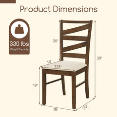 Set of 2 Zigzag Slat Back Dining Chairs, Brown Rubber Wood with Beige Linen Padded Seat