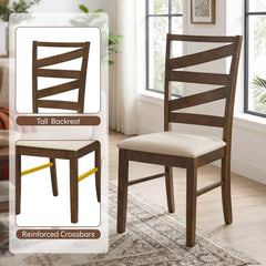Set of 2 Zigzag Slat Back Dining Chairs, Brown Rubber Wood with Beige Linen Padded Seat